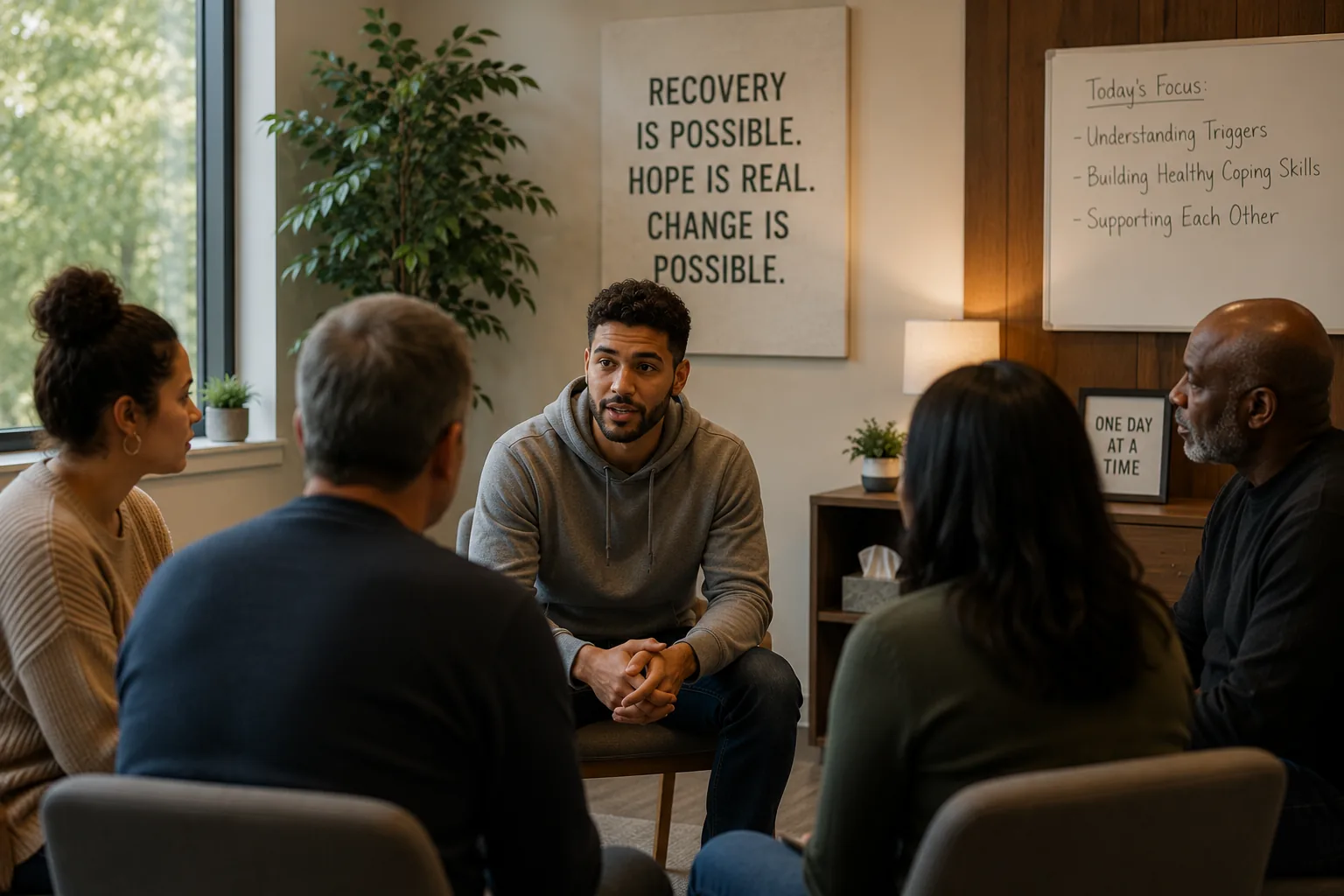A client and clinician sitting together, talking in a warm counseling room