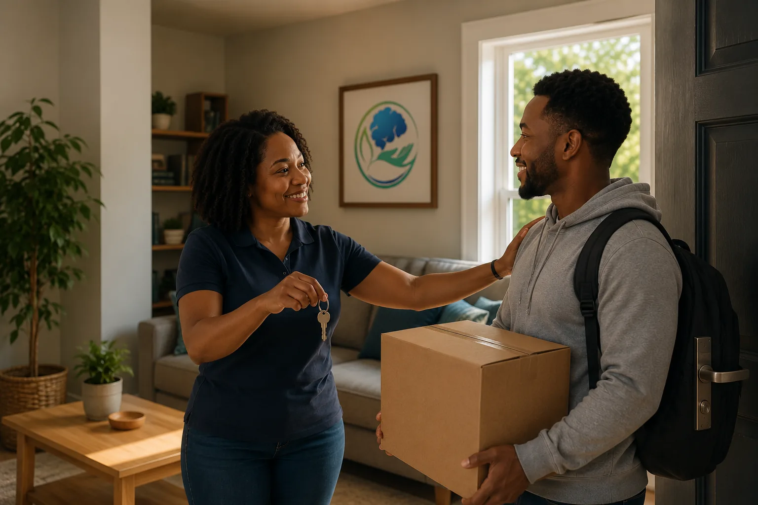 A woman handing over keys to a smiling man holding a moving box, with a HealHub logo framed on the wall behind them